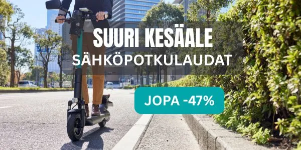 Musta sähköpotkulauta asfalttitiellä auringonpaisteessa – parhaat tarjoukset