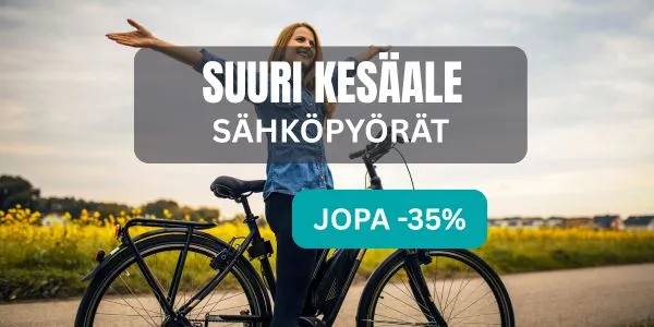 Musta sähköavusteinen polkupyörä metsätiellä auringonpaisteessa – parhaat tarjoukset